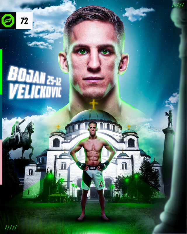 Poster of Bojan Velickovic, 25-12: a green-lit portrait in the sky above the fighter standing in front of a domed Orthodox church.