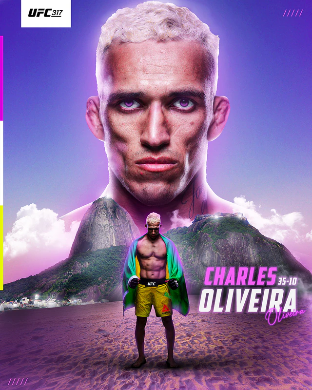Poster of Charles Oliveira, 35-10: a portrait rising behind a mountain by the sea, the fighter on the beach wrapped in a Brazilian flag, in violet light.