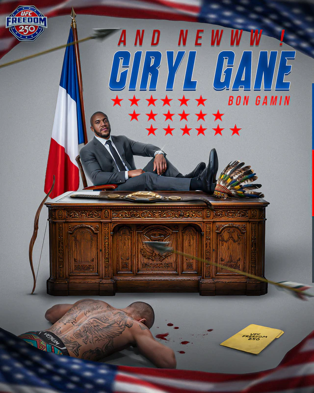 Poster of Ciryl Gane in a suit with his feet up on a presidential desk beside a French flag, an opponent knocked out on the floor, headline "And newww!".