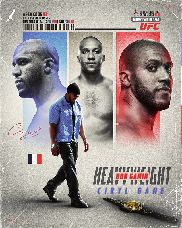 Poster of Ciryl Gane: a red, white and blue triptych of portraits, the fighter walking beside a belt, titled "Heavyweight".
