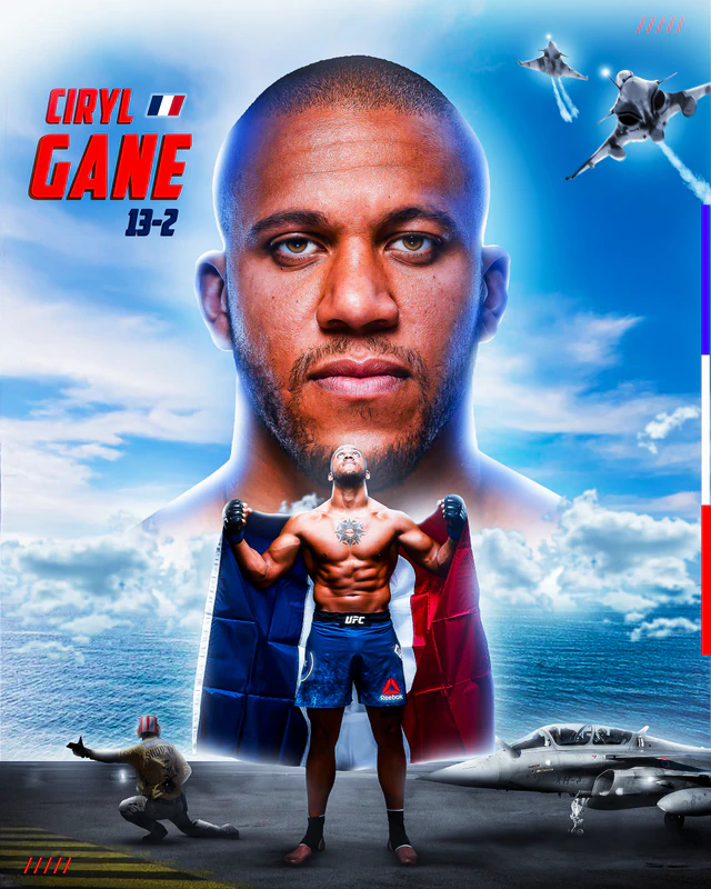 Poster of Ciryl Gane, 13-2: a giant portrait in the sky above the fighter holding a French flag on an aircraft carrier deck, fighter jets overhead.