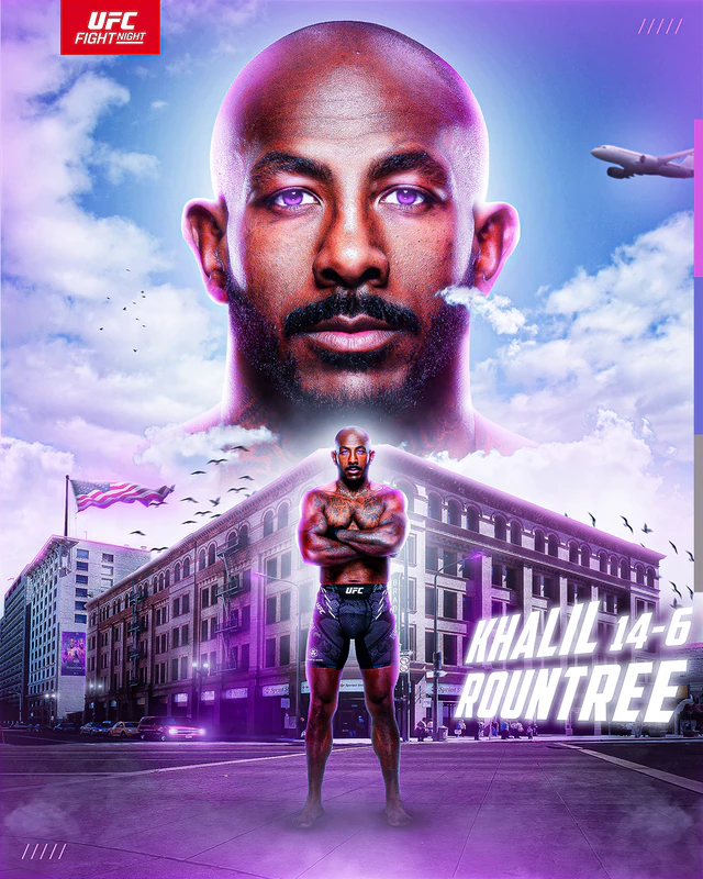 Poster of Khalil Rountree, 14-6: a giant portrait over a purple-lit city street where the fighter stands with arms crossed.