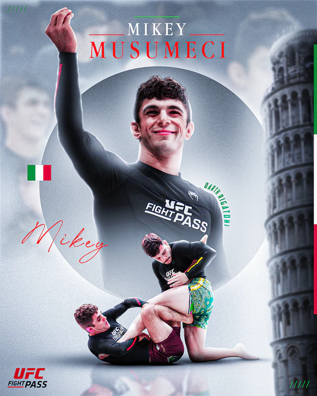 Poster of Mikey Musumeci raising a fist above a scene of him attacking a leg lock, the Leaning Tower of Pisa and an Italian flag beside him.